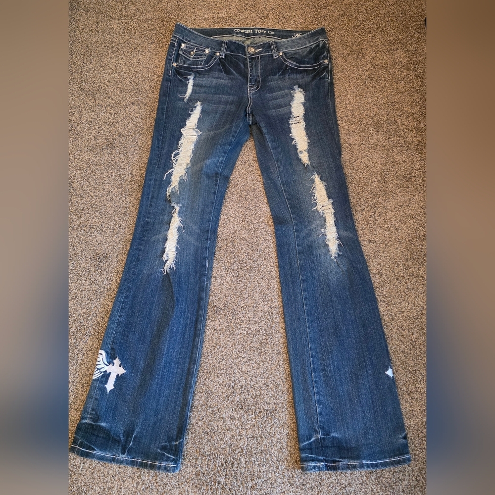 Cowgirl Tough Distressed Blue Jeans 31x35